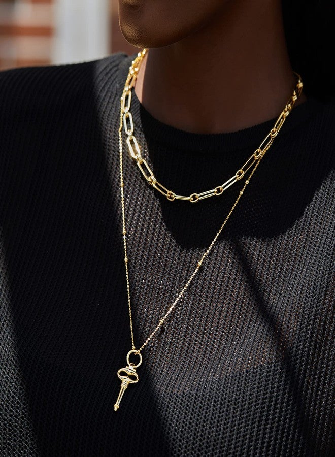 FRUMOS Dainty Layered Choker Necklace 18K Gold Plated Y Pendant Necklace Multilayer Bar Disc Necklace Adjustable Layering Choker Necklaces for Women Girls（Gold key Pendant） - Image 5